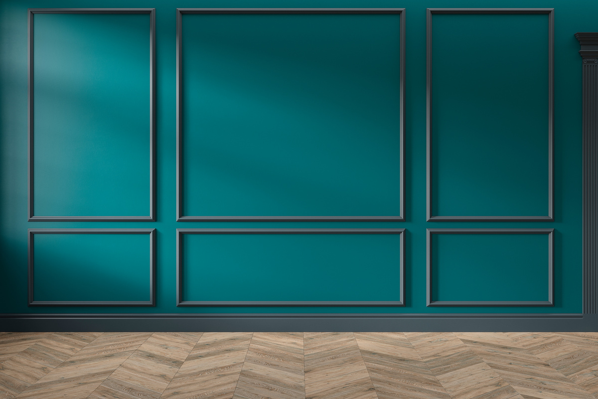 Modern classic green, turquoise color empty interior with wall panels, mouldings and wooden floor.